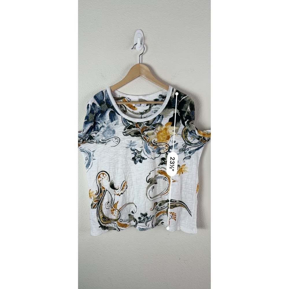 Chicos Women Large White Floral Paisley Slub Knit Scoop Neck Smocked Cuff Top - Picture 5 of 10
